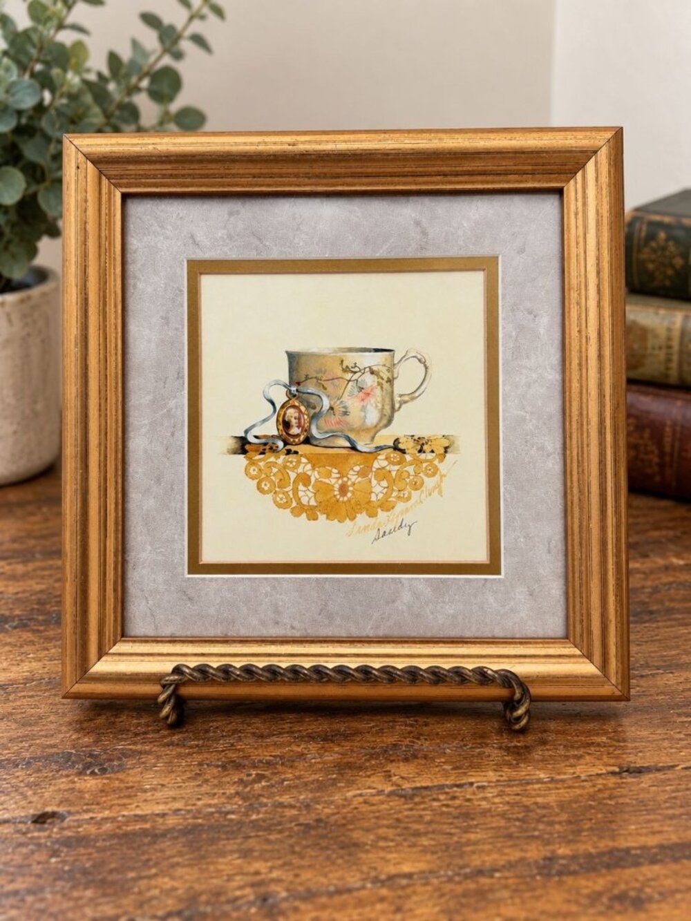 Gold Wooden Frame With Signed Sandy Clough Teacup Print 10x10 Inches Vintage Wal